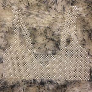 Pearl beaded bralette vest wide strap v neck OS